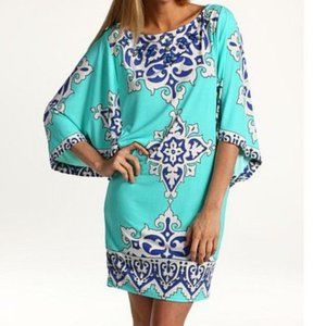 Hale Bob All The Buzz Beaded Jersey Boat Neck Batwing/Dolman Aqua/Blue Dress, XS
